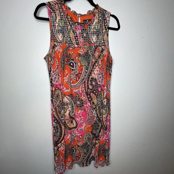 Leslie Fay Sleeveless Smocked Shift Dress Women's Sz 14 Paisley Floral Boho - Picture 8 of 16